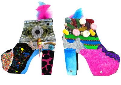 Mixed media on board by Rhiannon Clay, Year 7, The Knox School Student artwork of shoes