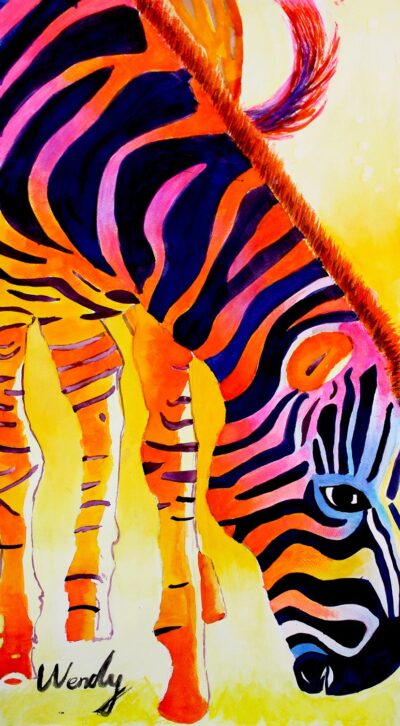 Watercolour and ink on paper by Qian Wang, Year 10, The Knox School Student artwork of a zebra