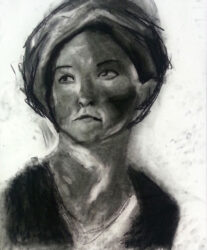 Charcoal on paper by Harmony Small, Year 10, Woodleigh School Student artwork of a portrait in charcoal