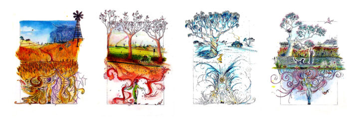 Ink on paper by Hazel Lynn, Year 12, Woodleigh School Student artwork of seasonal landscapes