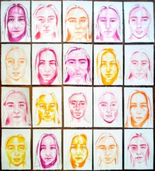 Watercolour on paper by Bella Hart, Year 12, Woodleigh School Student artwork of a series of self portraits