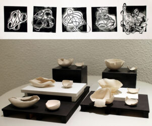 Etching on paper and porcelain by Luke Wolfe, Year 12, Woodleigh School Student artwork of etchings and sculptures