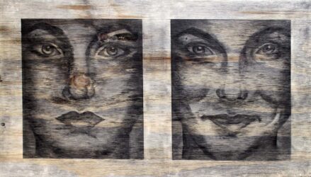 Burnt plywood by Rebecca Boehme, Year 11, Woodleigh School Student artwork of two portraits
