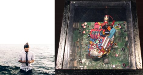 Mixed media sculpture and digital print on acrylic by James Bugg, Year 12, Woodleigh School Student artwork of a heat sculpture and print of a young man in the ocean