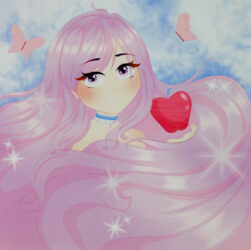 Student artwork of a girl with pink hair