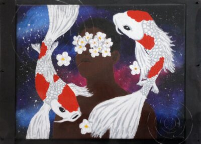 Acrylic on canvas with etched acetate overlay by Florence Katanha, Year 11, Beaconhills College Student artwork of koi fish and flowers