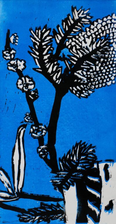 Lino print on paper by Vidya Sivakumar, Year 7, Fintona Girls’ School Student artwork of a flower study