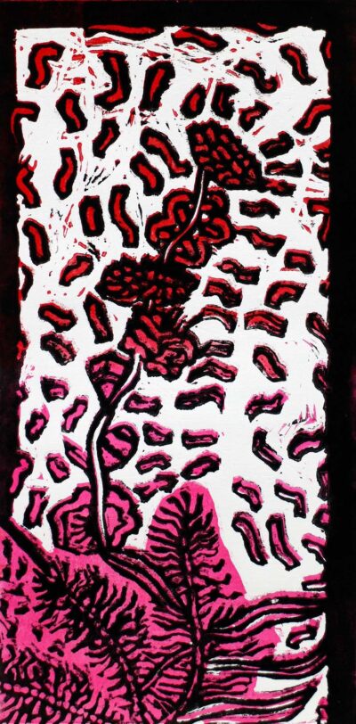 Lino print on paper by Ruby O’Brien, Year 7, Fintona Girls’ School Student artwork of a flower study