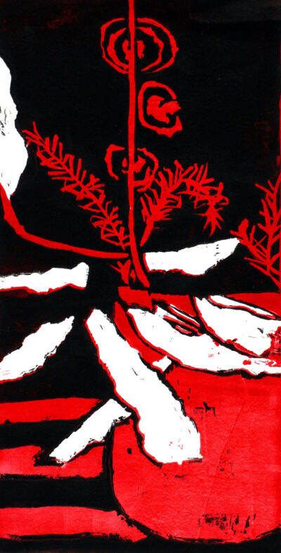 Lino print on paper by Julia Stefanatos, Year 7, Fintona Girls’ School Student artwork of a flower study