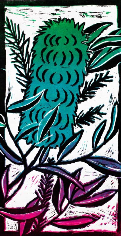 Lino print on paper by Abby Zhao, Year 7, Fintona Girls’ School Student artwork of a flower study