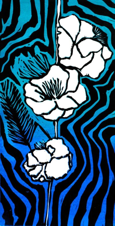 Lino print on paper by Isabella Madden, Year 7, Fintona Girls’ School Student artwork of a flower study