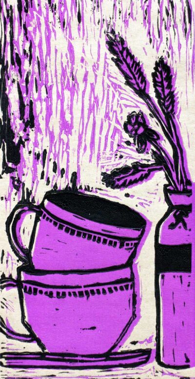 Lino print by Elisa Wang, Year 7, Fintona Girls’ School Student artwork of a still life in purple