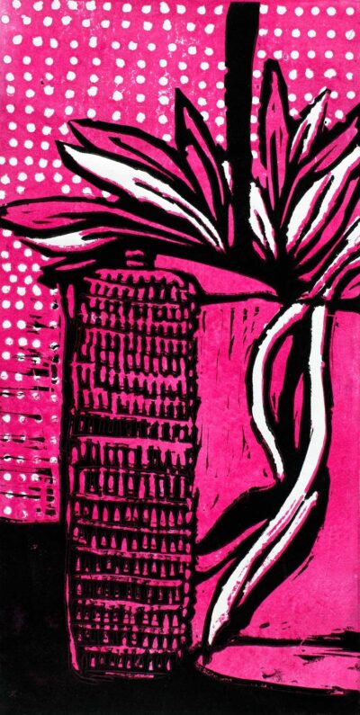 Lino print on paper by Alessia McCormack, Year 7, Fintona Girls’ School Student artwork of a flower study