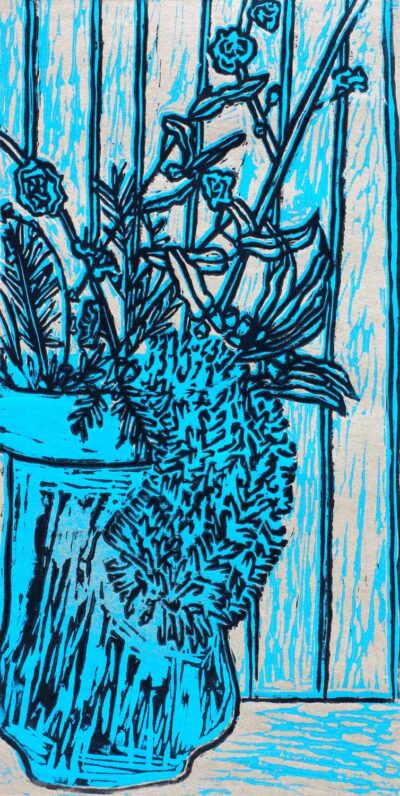 Lino print on paper by Miranda Wilson, Year 7, Fintona Girls’ School Student artwork of a floral still life