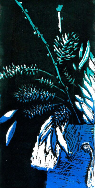 Lino print on paper by Julie Guo, Year 7, Fintona Girls’ School Student artwork of a flower study