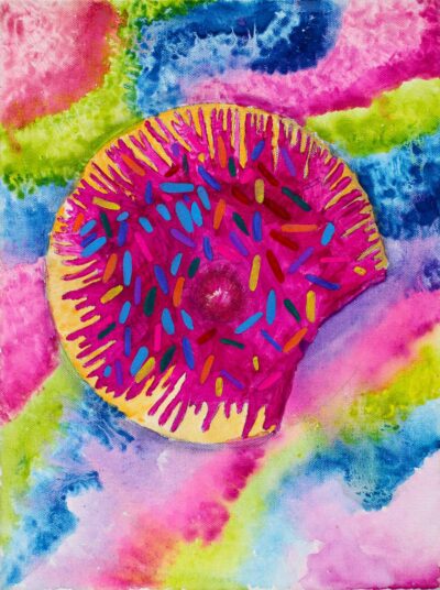 Watercolour, paint and paint markers on canvas by Katya Forte, Year 4, Penleigh and Essendon Grammar School Student artwork of a doughnut
