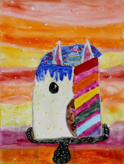 Watercolour, paint and markers on canvas by Emma Sloan, Year 4, Penleigh and Essendon Grammar School Student artwork of a cake