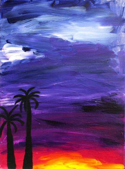 Acrylic paint on canvas by Eleanor Ashenden, Year 5, Penleigh and Essendon Grammar School Student artwork of palm tree silhouette