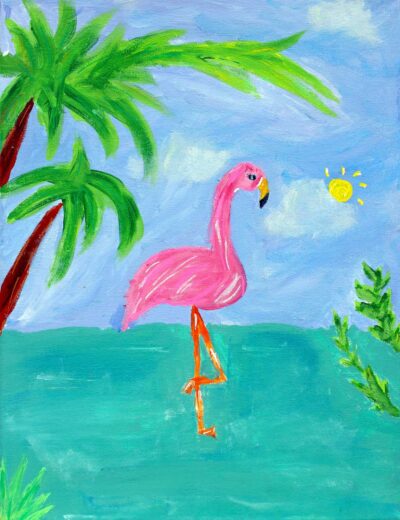 Acrylic paint on canvas by Ezgi Ulker, Year 6, Sirius College Student artwork of a flamingo