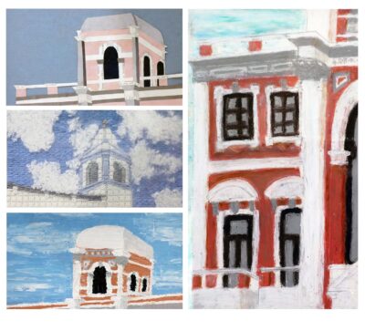 Mixed media by Olivia Hargrave, Year 9, St Catherine’s School Student artwork of building facades