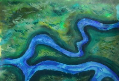 Acrylic paint on canvas paper by Aeryn Lee, Year 9, St Catherine’s School Student artwork of an aerial landscape