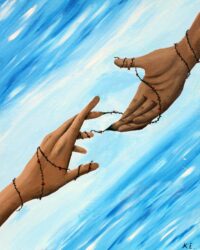 Acrylic on canvas by Kye Embrey, Year 12, The Knox School Student artwork of hands reaching