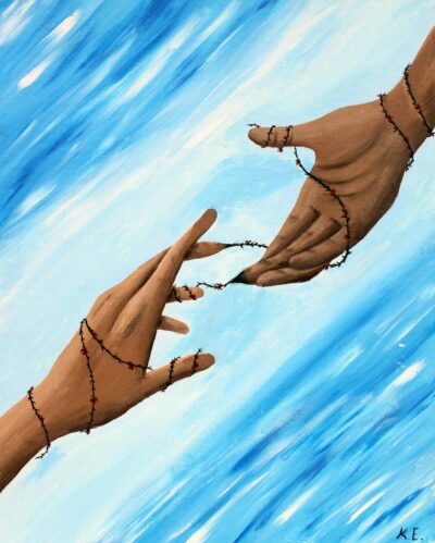 Acrylic on canvas by Kye Embrey, Year 12, The Knox School Student artwork of hands reaching