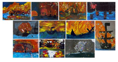 Acrylic paint on leather by Emma McQuire, Grace Halphen, Jesse Pryor, Naedene Rodrigues, Ryder Logan, Saskia Mosford, Zara Haysom and Umbra Buntman-Bryant, years 4-6, Melbourne Montessori School Student artwork of the Battle of Aboukhir