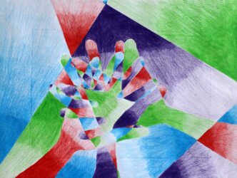 Student artwork of coloured hands overlapping