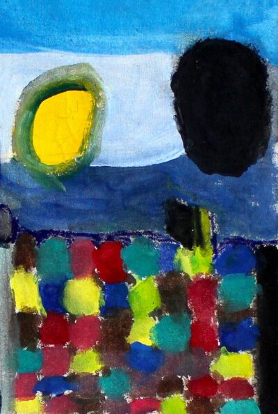 Acrylic and print on canvas by Harrison Sergejew, Year 2, Balcombe Grammar School Student artwork inspired by Kandinsky