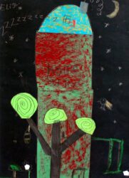 Mixed media on paper by Eligh Rennalls, Year 1, Balcombe Grammar School Student artwork of a fantasy building