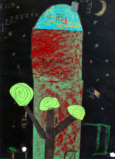 Mixed media on paper by Eligh Rennalls, Year 1, Balcombe Grammar School Student artwork of a fantasy building