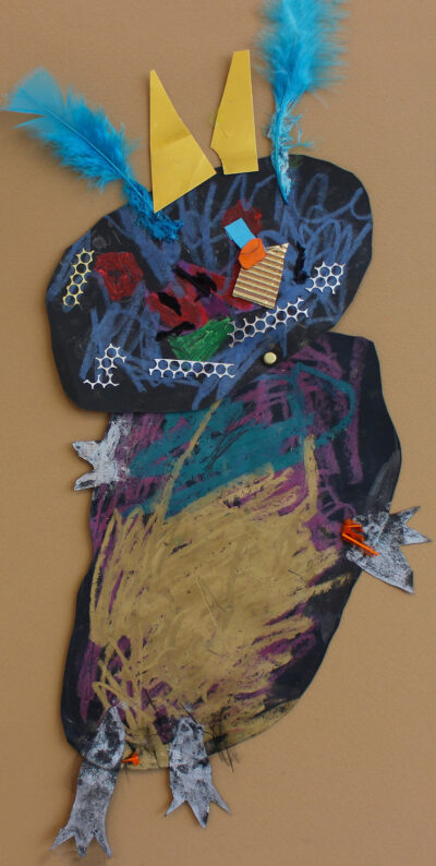 Mixed media collage by Kai Gilbert, Prep, Balcombe Grammar School Student artwork of a monster
