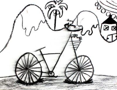 Charcoal on paper by Heather Morris, Year 3, Balcombe Grammar School Student artwork of a bicycle and landscape