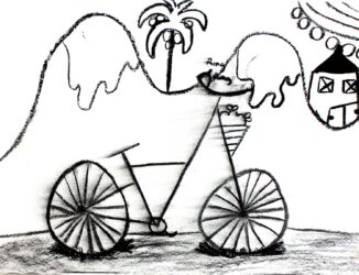 Charcoal on paper by Heather Morris, Year 3, Balcombe Grammar School Student artwork of a bicycle and landscape