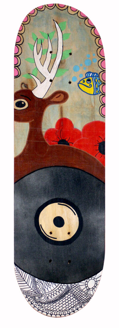 Acrylic on plywood by Audrey Clark, Year 8, Balcombe Grammar School Student artwork of a painted skateboard