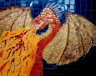 Mosaic on board by Elizabeth Davies, Year 12, Balcombe Grammar School Student artwork of a dragon