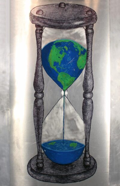 Mixed media on metal by Jackson Bleasby, Year 12 , Balcombe Grammar School Student artwork of the earth in an hourglass