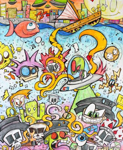 Pen and ink on paper by Mitchell Harrison, Year 11, Billanook College Student artwork of an anime landscape