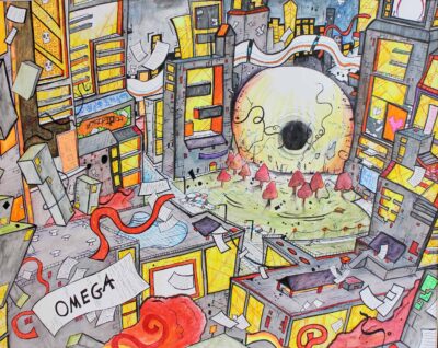 Pen and ink on paper by Mitchell Harrison, Year 11, Billanook College Student artwork of an anime city