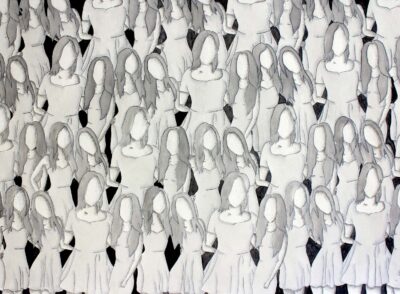 Soft pastel, watercolour and pencil on paper by Jessica Simpson, Year 11, Billanook College Student artwork of faceless group of women