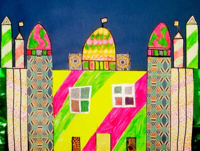 Mixed media on paper by Elise Spencer, Year 5, Carey Baptist Grammar School Student artwork of a mosque