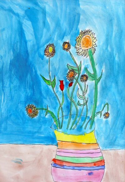 Acrylic on paper by Vara Tyrikos, Year 4, Carey Baptist Grammar School Student artwork of flowers in a vase