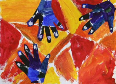 Acrylic on paper by Matilda Pattenden, Prep, Carey Baptist Grammar School Student artwork of coloured handprints