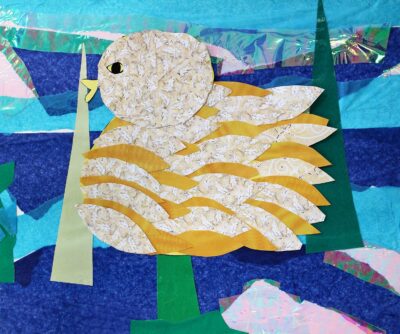Mixed media collage on paper by Georgette Tetaz, Year 3, Carey Baptist Grammar School Student artwork of a duck