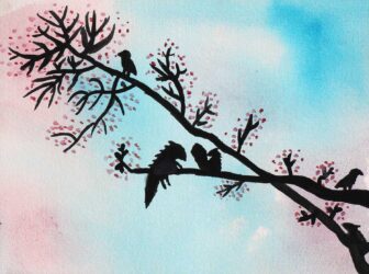 Student artwork of a flowering tree with birds
