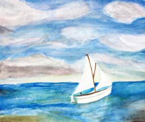 Watercolour on canvas by Daniella Conser, Year 8, Kilvington Grammar School Student artwork of ship at sea