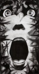 Charcoal on canvas by Eliza Clowe, Year 11, Kilvington Grammar School Student artwork of a portrait in fear