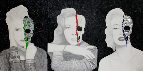 Triptych in mixed media by Briony Ewing, Year 11, Kilvington Grammar School Student artwork of celebrity portraits