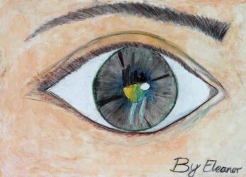Watercolour pencil on board by Eleanor Owen, Year 4, Kilvington Grammar School Student artwork of an eye